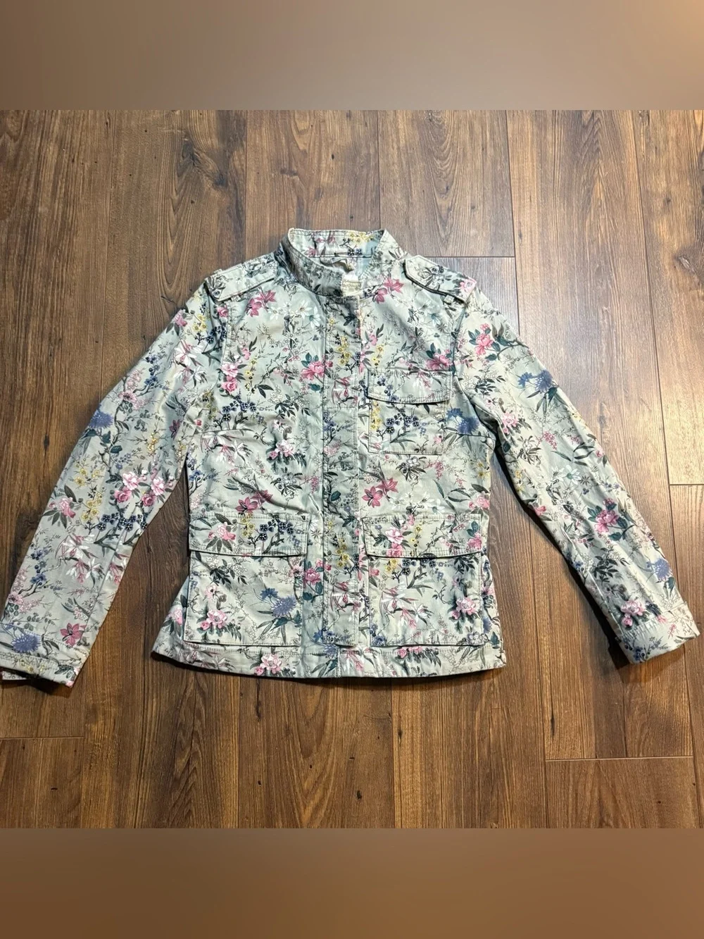 Girls H&M Floral Utility Jacket Size 6 Green Pink Button Front